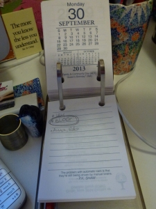 Day by day desk calendar showing page for 30 September with the word "Blog" circled on the notepad