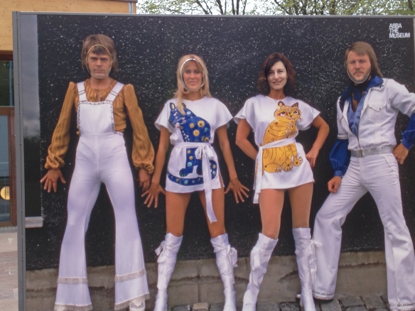 Four cut out figures of ABBA with Frida's face swapped for the writer's face